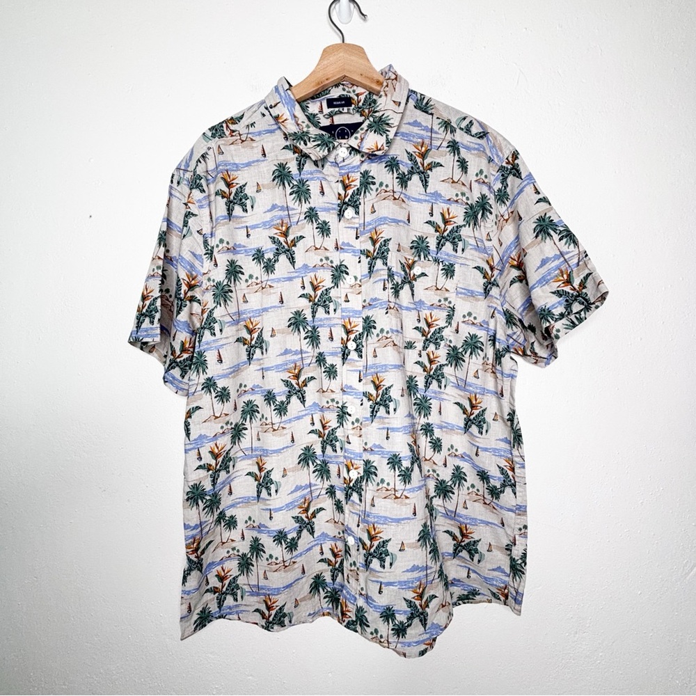 Even Tide Kai Linen Tripical Button Down Short Sleeve Shirt Size XL NWT